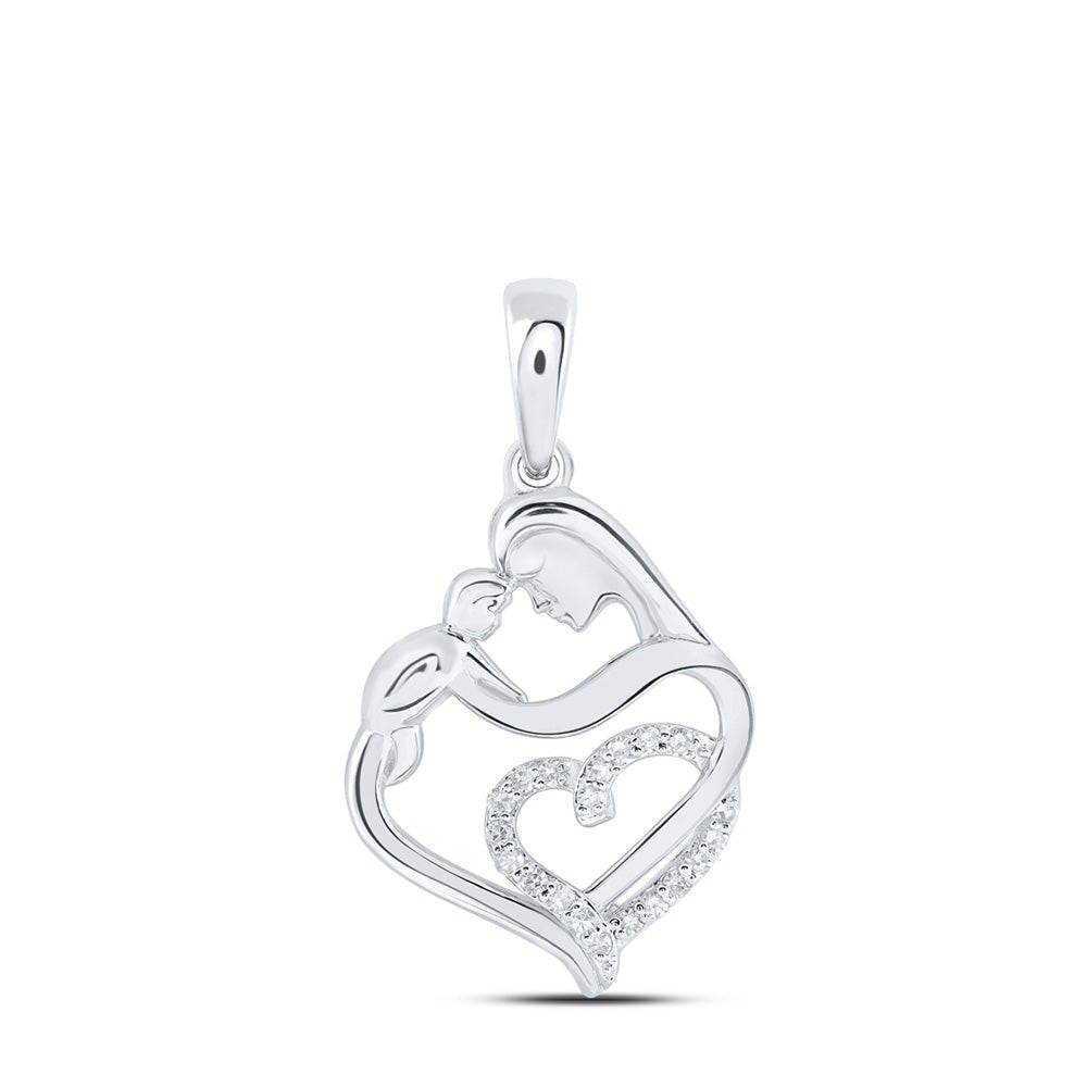 Diamond For Mom Pendant | 10kt White Gold Womens Round Diamond Mom Child Heart Pendant 1/12 Cttw | Splendid Jewellery GND