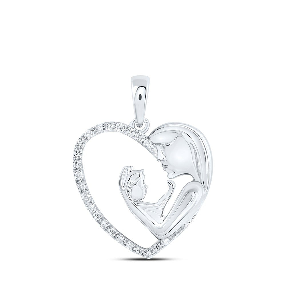 Diamond For Mom Pendant | 10kt White Gold Womens Round Diamond Mother Child Heart Pendant 1/10 Cttw | Splendid Jewellery GND