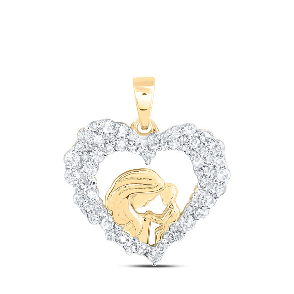 Diamond For Mom Pendant | 10kt Yellow Gold Womens Round Diamond Mom Child Heart Pendant 3/8 Cttw | Splendid Jewellery GND