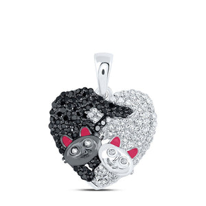 Diamond Heart & Love Symbol Pendant | 10kt White Gold Womens Round Black Color Enhanced Diamond Cat Heart Pendant 1/2 Cttw | Splendid Jewellery GND