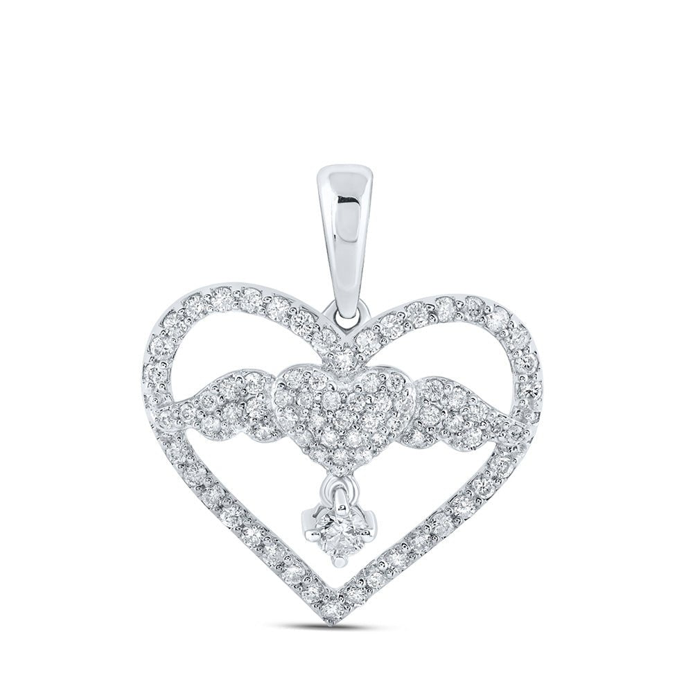 Diamond Heart & Love Symbol Pendant | 10kt White Gold Womens Round Diamond Angel Heart Pendant 5/8 Cttw | Splendid Jewellery GND