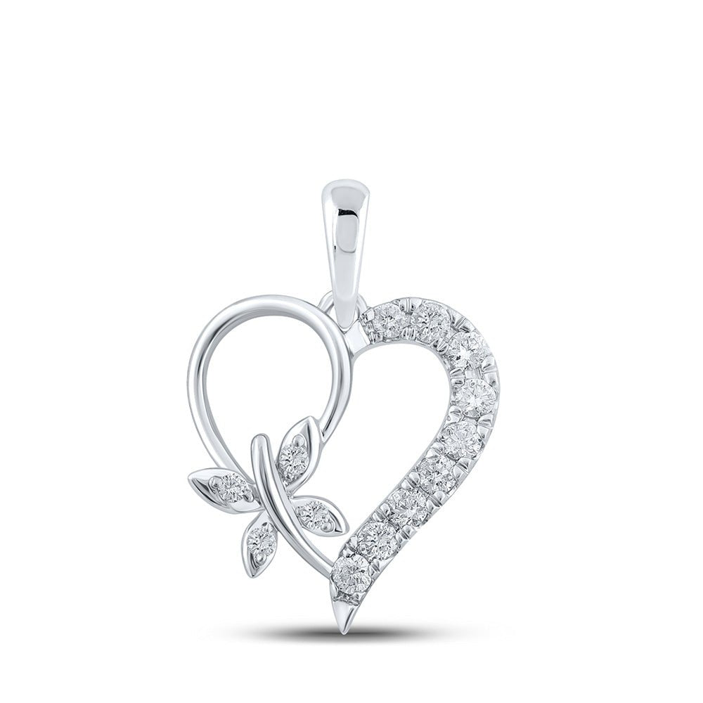 Diamond Heart & Love Symbol Pendant | 10kt White Gold Womens Round Diamond Butterfly Heart Pendant 1/4 Cttw | Splendid Jewellery GND