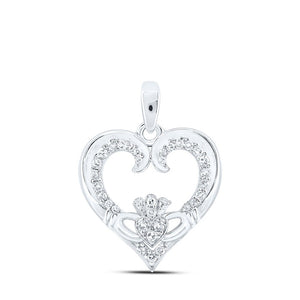 Diamond Heart & Love Symbol Pendant | 10kt White Gold Womens Round Diamond Claddagh Heart Pendant 1/6 Cttw | Splendid Jewellery GND