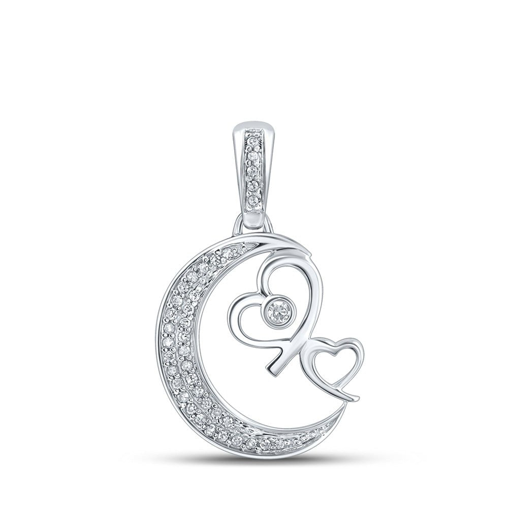 Diamond Heart & Love Symbol Pendant | 10kt White Gold Womens Round Diamond Crescent Moon Heart Pendant 1/10 Cttw | Splendid Jewellery GND