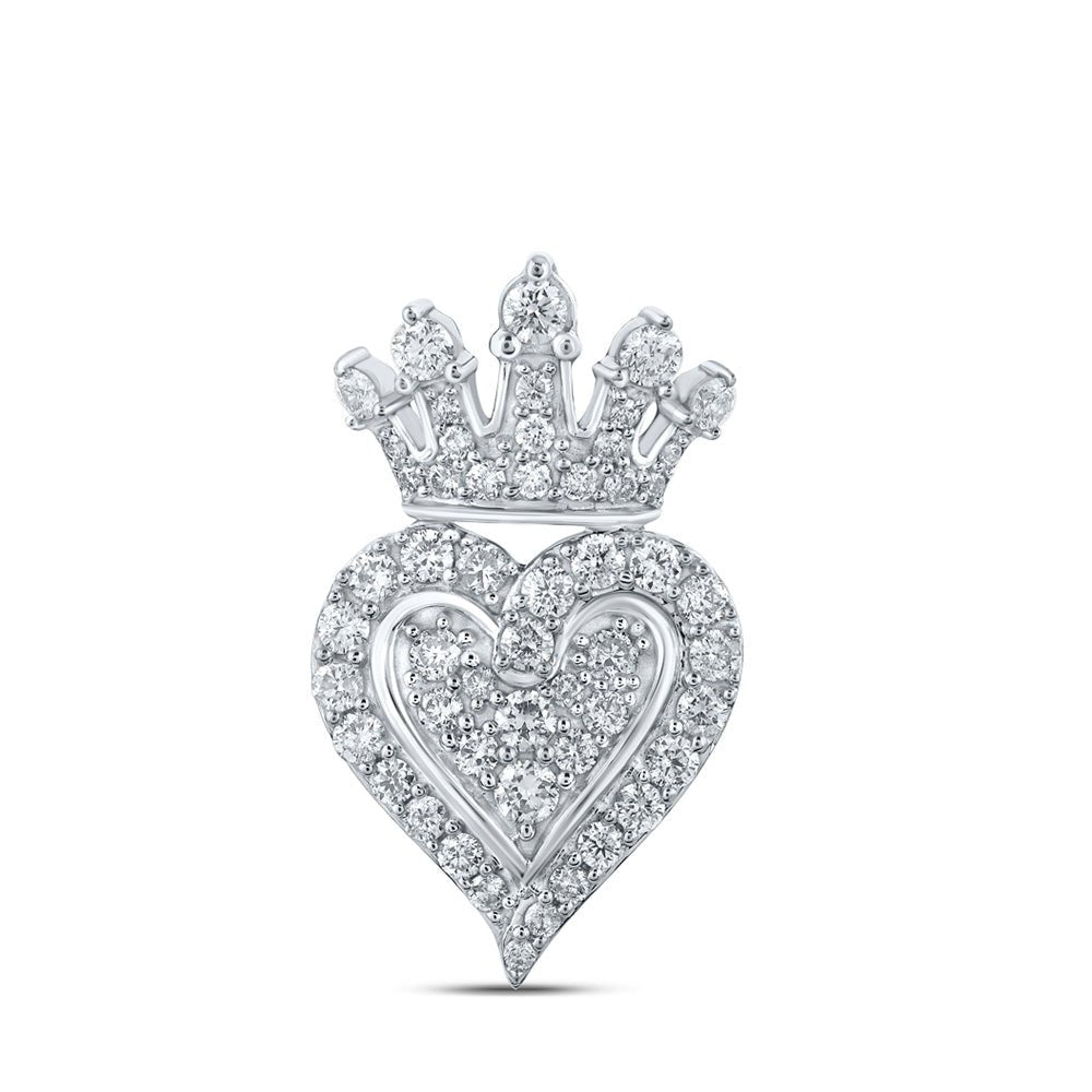 Diamond Heart & Love Symbol Pendant | 10kt White Gold Womens Round Diamond Crown Heart Pendant 3/4 Cttw | Splendid Jewellery GND