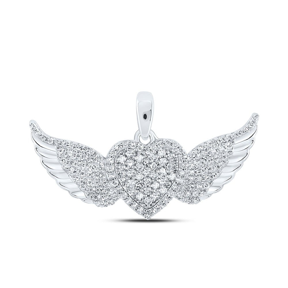 Diamond Heart & Love Symbol Pendant | 10kt White Gold Womens Round Diamond Diamond Wing Heart Pendant 3/8 Cttw | Splendid Jewellery GND