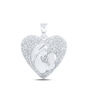 Diamond Heart & Love Symbol Pendant | 10kt White Gold Womens Round Diamond Mother Child Heart Pendant 1/5 Cttw | Splendid Jewellery GND