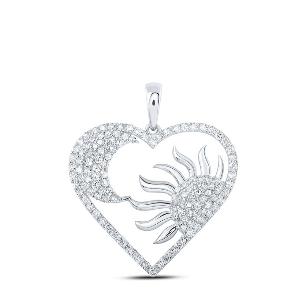 Diamond Heart & Love Symbol Pendant | 10kt White Gold Womens Round Diamond Sun Moon Heart Pendant 1 Cttw | Splendid Jewellery GND
