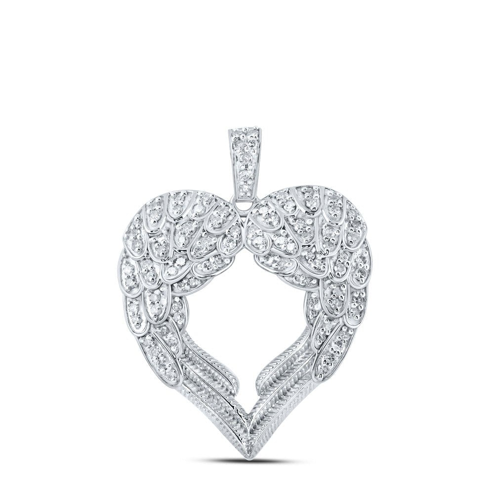 Diamond Heart & Love Symbol Pendant | 10kt White Gold Womens Round Diamond Wing Heart Pendant 1/2 Cttw | Splendid Jewellery GND