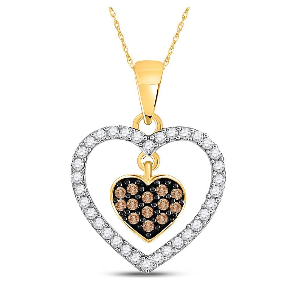 Diamond Heart & Love Symbol Pendant | 10kt Yellow Gold Womens Round Brown Diamond Nested Dangle Heart Pendant 1/3 Cttw | Splendid Jewellery GND