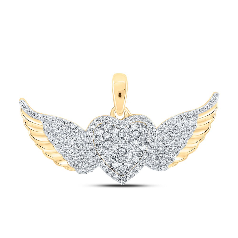 Diamond Heart & Love Symbol Pendant | 10kt Yellow Gold Womens Round Diamond Diamond Wing Heart Pendant 3/8 Cttw | Splendid Jewellery GND