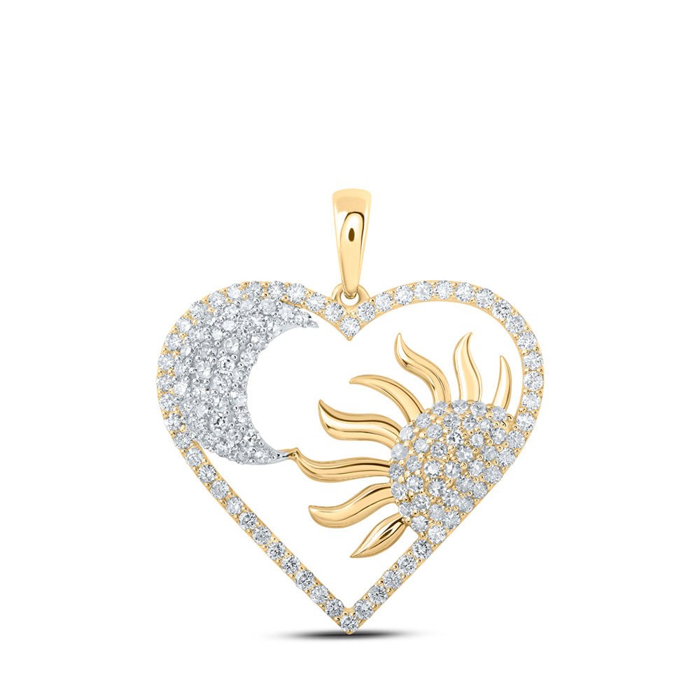 Diamond Heart & Love Symbol Pendant | 10kt Yellow Gold Womens Round Diamond Sun Moon Heart Pendant 1 Cttw | Splendid Jewellery GND