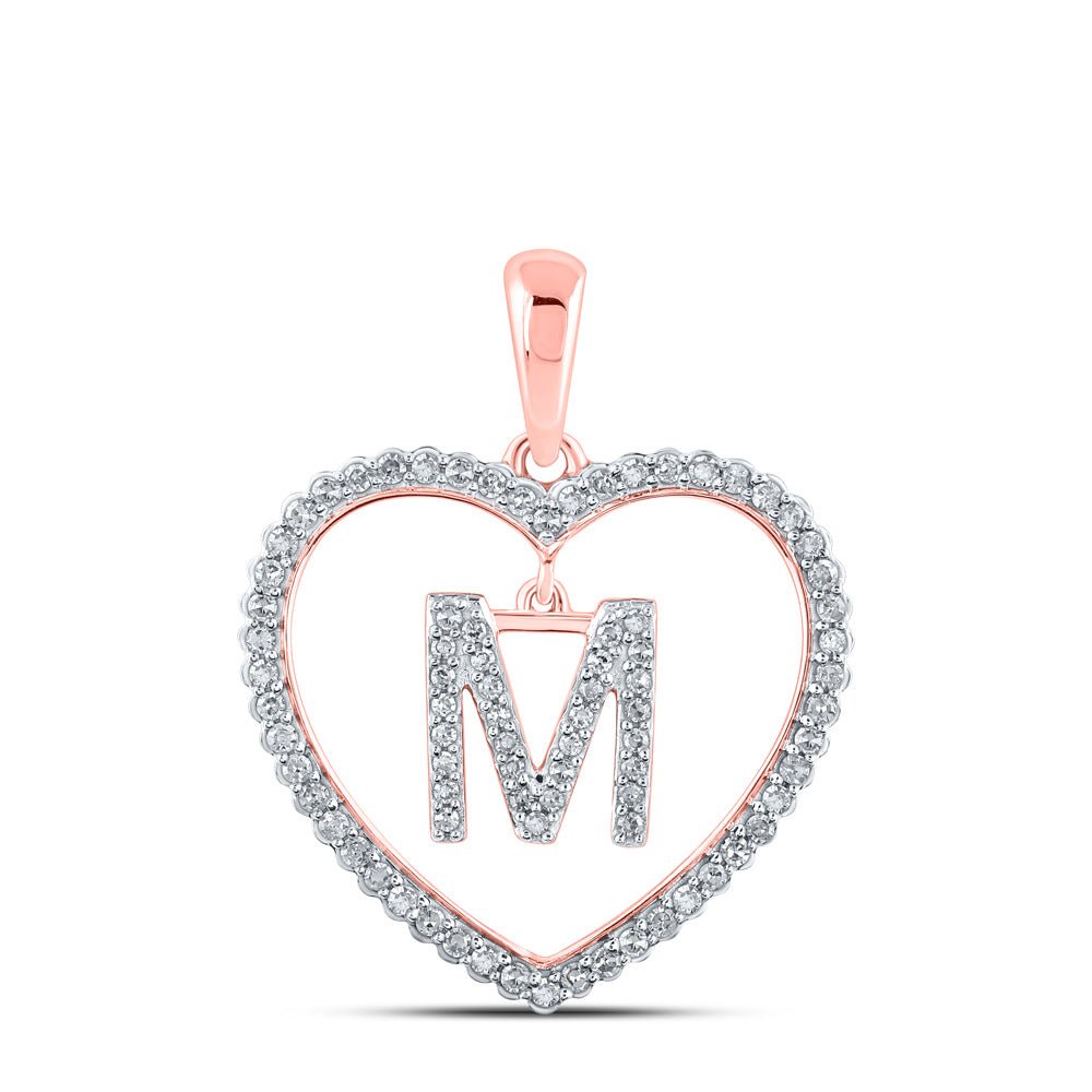 Diamond Initial & Letter Pendant | 10kt Rose Gold Womens Round Diamond Heart M Letter Pendant 1/4 Cttw | Splendid Jewellery GND