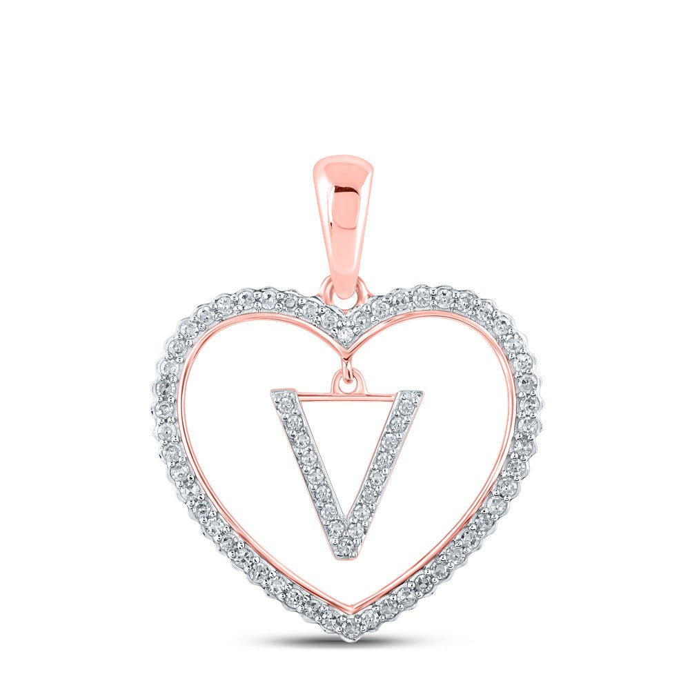 Diamond Initial & Letter Pendant | 10kt Rose Gold Womens Round Diamond Heart V Letter Pendant 1/4 Cttw | Splendid Jewellery GND