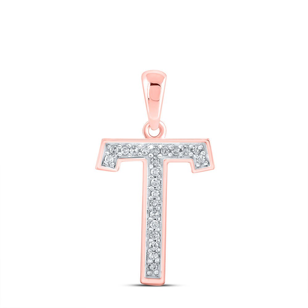 Diamond Initial & Letter Pendant | 10kt Rose Gold Womens Round Diamond Initial T Letter Pendant 1/20 Cttw | Splendid Jewellery GND
