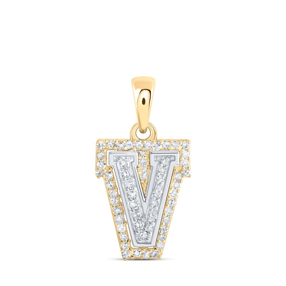 Diamond Initial & Letter Pendant | 10kt Two-tone Gold Womens Round Diamond V Initial Letter Pendant 1/6 Cttw | Splendid Jewellery GND