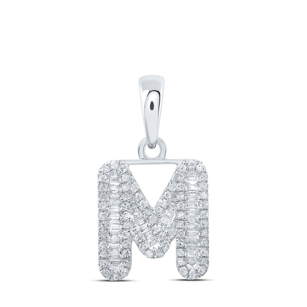 Diamond Initial & Letter Pendant | 10kt White Gold Womens Baguette Diamond M Initial Letter Pendant 3/8 Cttw | Splendid Jewellery GND