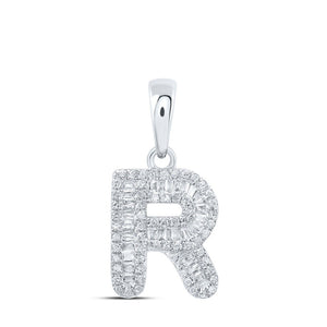 Diamond Initial & Letter Pendant | 10kt White Gold Womens Baguette Diamond R Initial Letter Pendant 1/3 Cttw | Splendid Jewellery GND