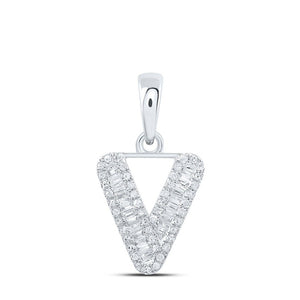 Diamond Initial & Letter Pendant | 10kt White Gold Womens Baguette Diamond V Initial Letter Pendant 1/4 Cttw | Splendid Jewellery GND