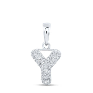 Diamond Initial & Letter Pendant | 10kt White Gold Womens Baguette Diamond Y Initial Letter Pendant 1/5 Cttw | Splendid Jewellery GND
