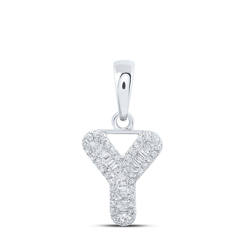 Diamond Initial & Letter Pendant | 10kt White Gold Womens Baguette Diamond Y Initial Letter Pendant 1/5 Cttw | Splendid Jewellery GND