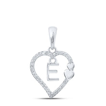 Load image into Gallery viewer, Romantic Radiance: 10kt White Gold Diamond Heart Letter Pendant Top view from the 10Kt White Gold Womens Round Diamond E Heart Letter Pendant 1 10 Cttwpin213939 collection by Splendid Jewellery