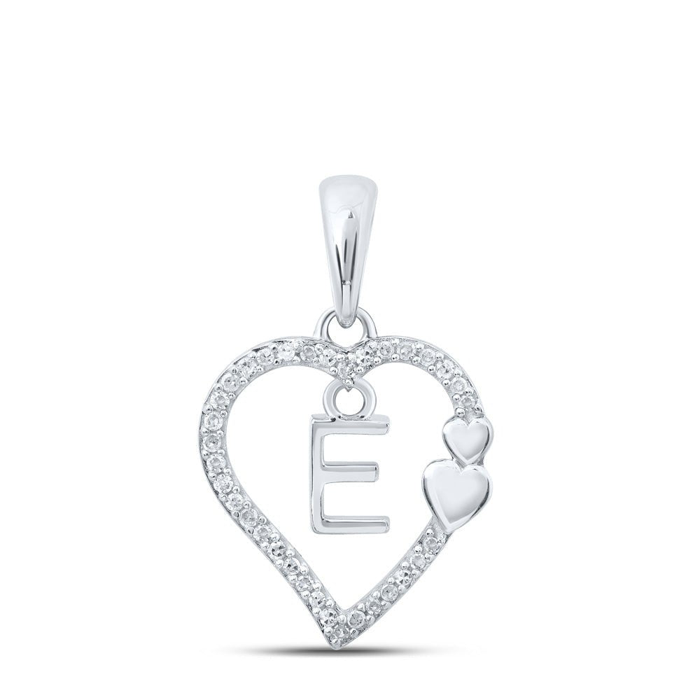 Diamond Initial & Letter Pendant | 10kt White Gold Womens Round Diamond E Heart Letter Pendant 1/10 Cttw | Splendid Jewellery GND