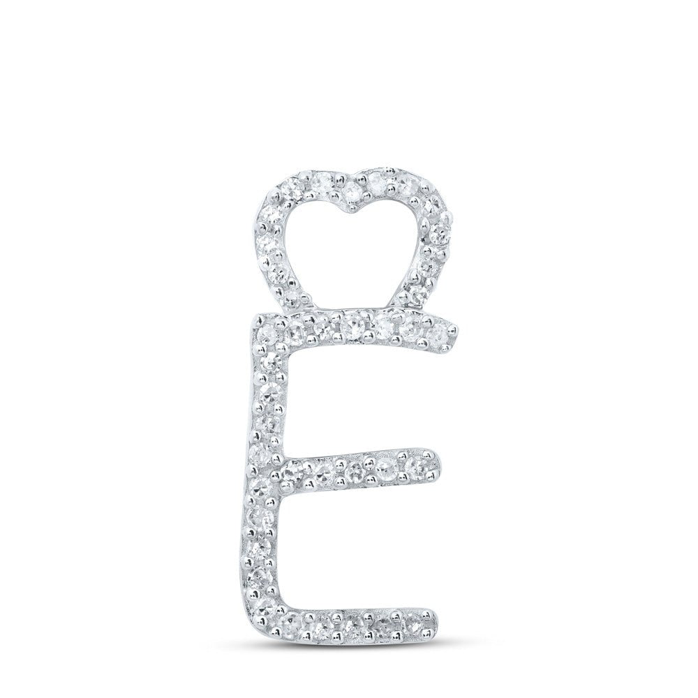 Diamond Initial & Letter Pendant | 10kt White Gold Womens Round Diamond E Heart Letter Pendant 1/8 Cttw | Splendid Jewellery GND