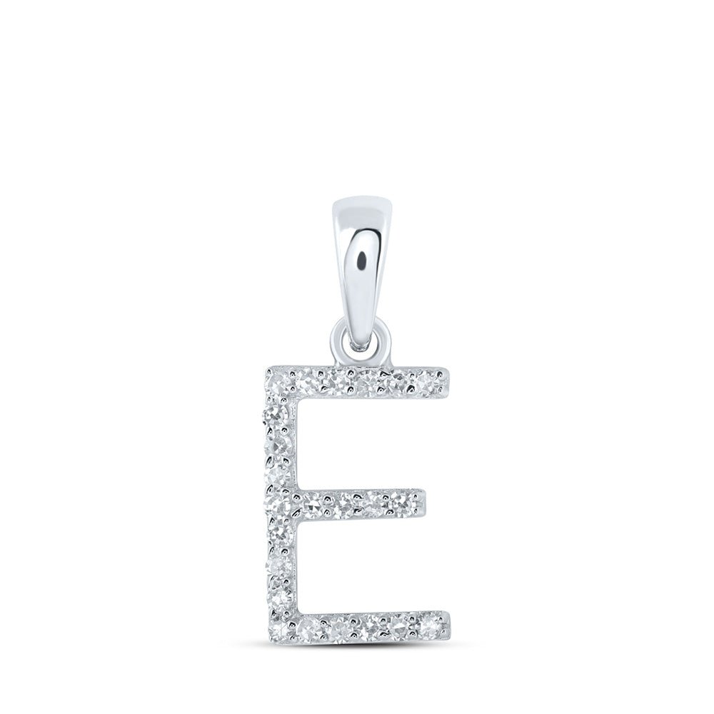 Diamond Initial & Letter Pendant | 10kt White Gold Womens Round Diamond E Initial Letter Pendant 1/10 Cttw | Splendid Jewellery GND