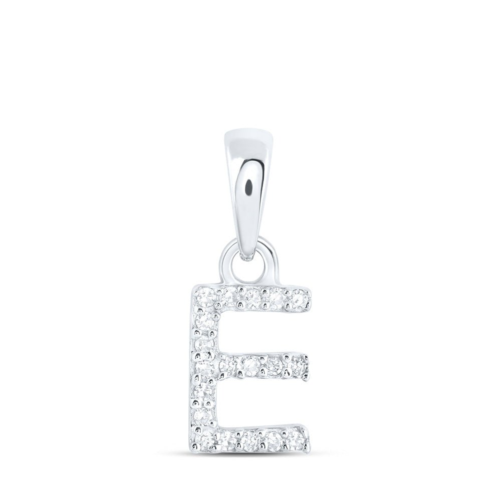 Diamond Initial & Letter Pendant | 10kt White Gold Womens Round Diamond E Initial Letter Pendant 1/20 Cttw | Splendid Jewellery GND