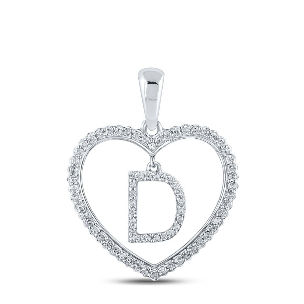 Diamond Initial & Letter Pendant | 10kt White Gold Womens Round Diamond Heart D Letter Pendant 1/4 Cttw | Splendid Jewellery GND