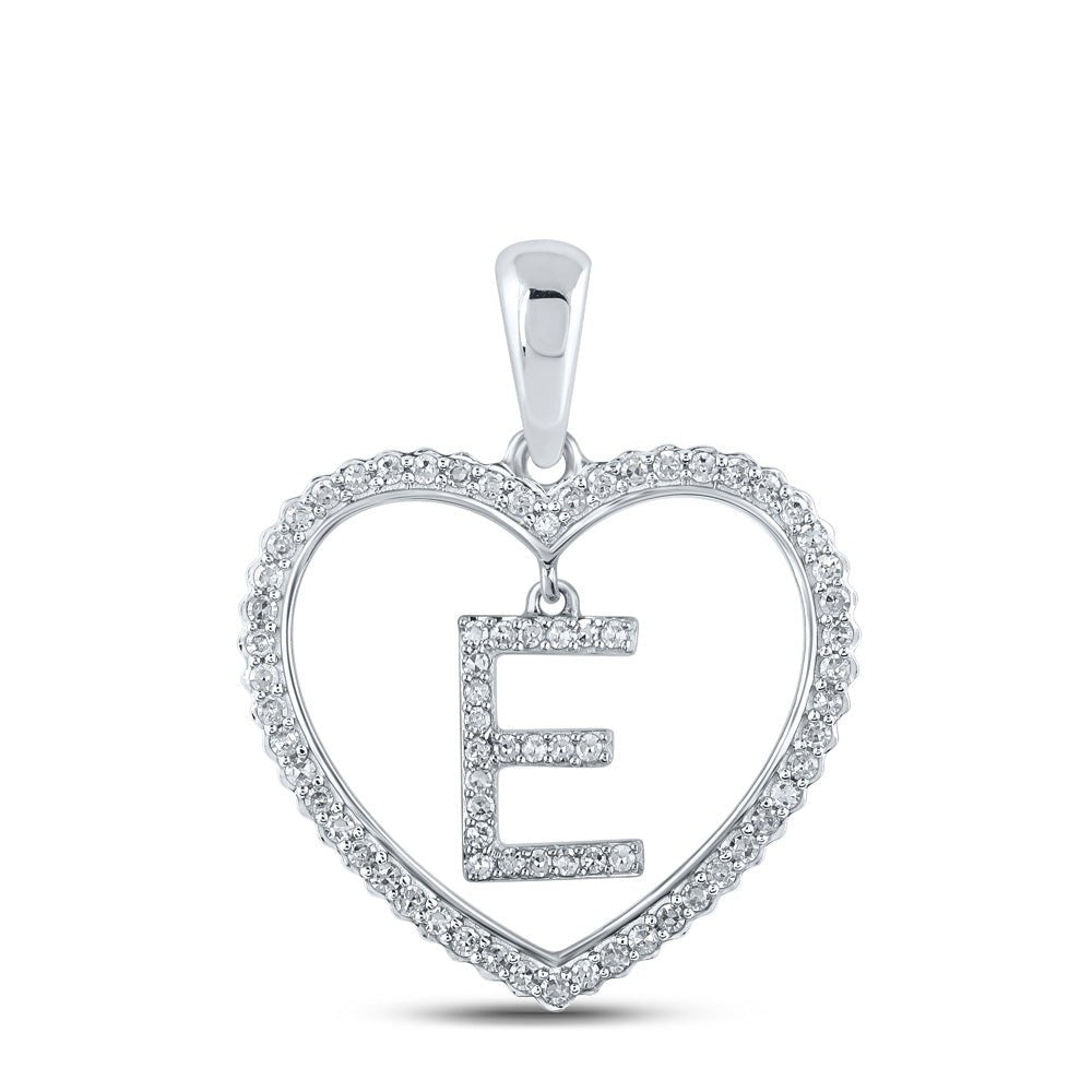 Diamond Initial & Letter Pendant | 10kt White Gold Womens Round Diamond Heart E Letter Pendant 1/4 Cttw | Splendid Jewellery GND