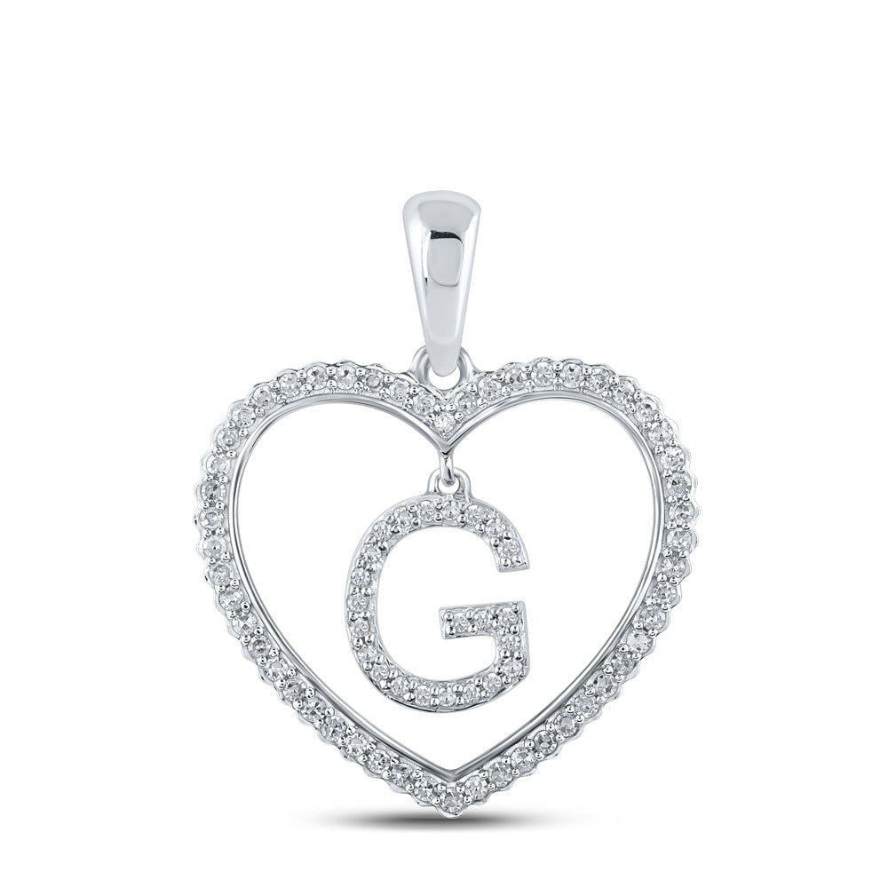 Diamond Initial & Letter Pendant | 10kt White Gold Womens Round Diamond Heart G Letter Pendant 1/4 Cttw | Splendid Jewellery GND
