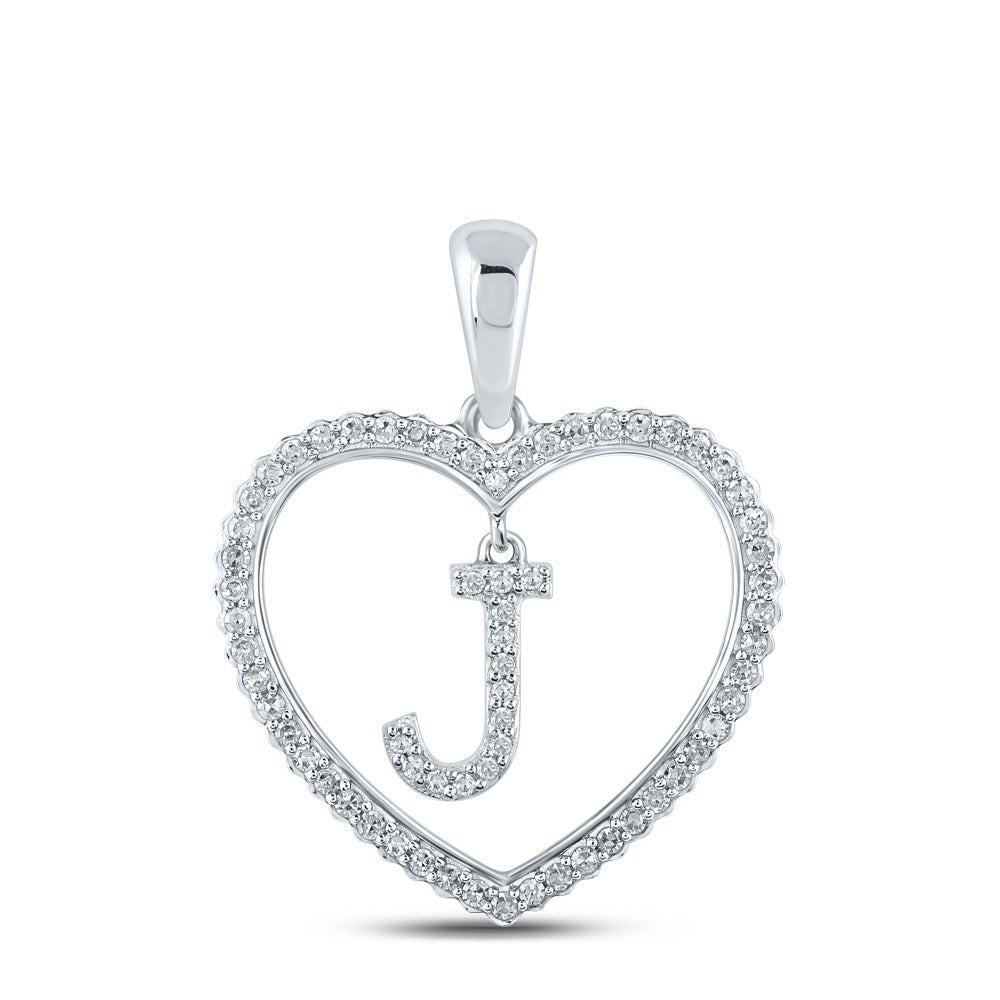 Diamond Initial & Letter Pendant | 10kt White Gold Womens Round Diamond Heart J Letter Pendant 1/4 Cttw | Splendid Jewellery GND