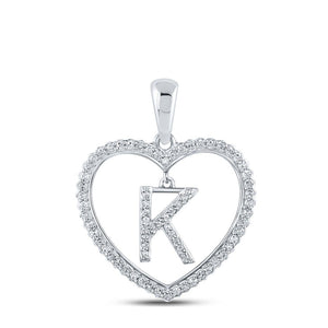 Diamond Initial & Letter Pendant | 10kt White Gold Womens Round Diamond Heart K Letter Pendant 1/4 Cttw | Splendid Jewellery GND