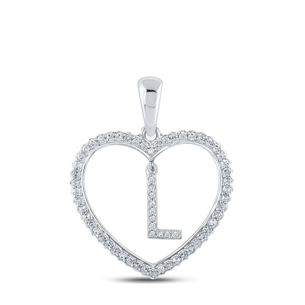 Diamond Initial & Letter Pendant | 10kt White Gold Womens Round Diamond Heart L Letter Pendant 1/4 Cttw | Splendid Jewellery GND