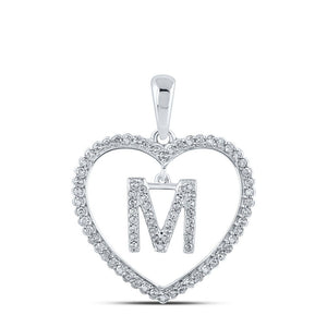 Diamond Initial & Letter Pendant | 10kt White Gold Womens Round Diamond Heart M Letter Pendant 1/4 Cttw | Splendid Jewellery GND