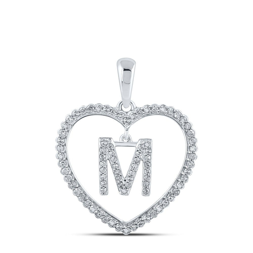 Diamond Initial & Letter Pendant | 10kt White Gold Womens Round Diamond Heart M Letter Pendant 1/4 Cttw | Splendid Jewellery GND