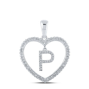 Diamond Initial & Letter Pendant | 10kt White Gold Womens Round Diamond Heart P Letter Pendant 1/4 Cttw | Splendid Jewellery GND
