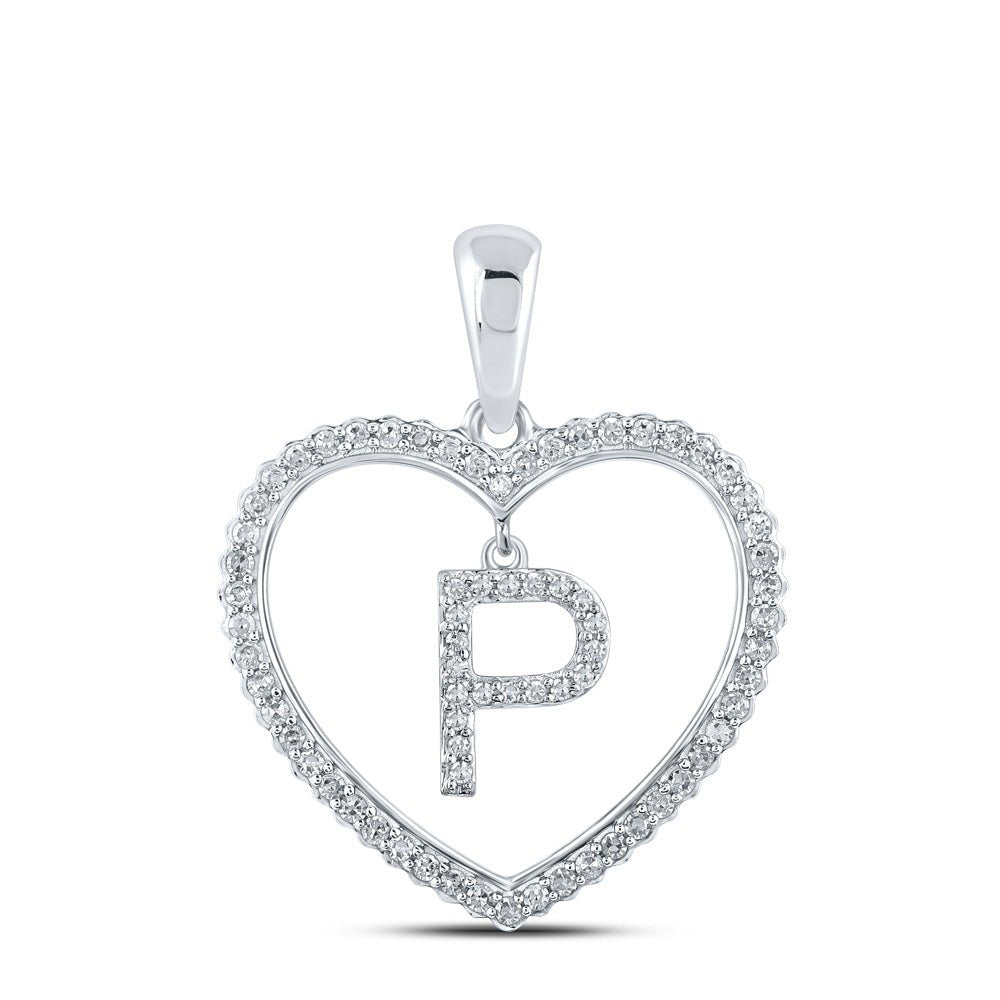Diamond Initial & Letter Pendant | 10kt White Gold Womens Round Diamond Heart P Letter Pendant 1/4 Cttw | Splendid Jewellery GND