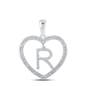 Diamond Initial & Letter Pendant | 10kt White Gold Womens Round Diamond Heart R Letter Pendant 1/4 Cttw | Splendid Jewellery GND