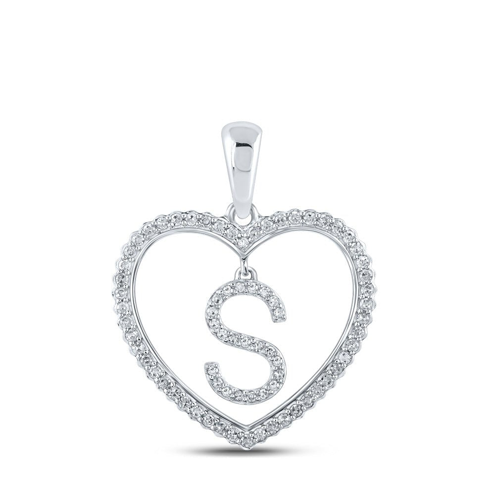 Diamond Initial & Letter Pendant | 10kt White Gold Womens Round Diamond Heart S Letter Pendant 1/4 Cttw | Splendid Jewellery GND