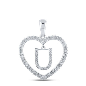Diamond Initial & Letter Pendant | 10kt White Gold Womens Round Diamond Heart U Letter Pendant 1/4 Cttw | Splendid Jewellery GND