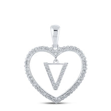 Load image into Gallery viewer, 10kt White Gold Heart-Shaped Diamond Initial Pendant Top view from the 10Kt White Gold Womens Round Diamond Heart V Letter Pendant 1 4 Cttwpin210448 collection by Splendid Jewellery