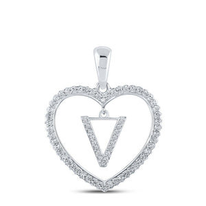 Diamond Initial & Letter Pendant | 10kt White Gold Womens Round Diamond Heart V Letter Pendant 1/4 Cttw | Splendid Jewellery GND