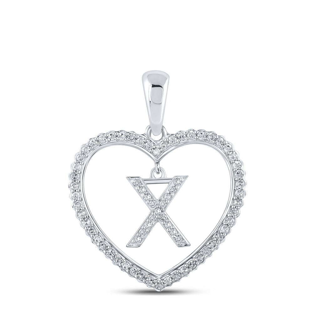 Diamond Initial & Letter Pendant | 10kt White Gold Womens Round Diamond Heart X Letter Pendant 1/4 Cttw | Splendid Jewellery GND