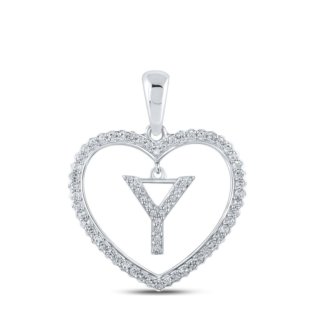 Diamond Initial & Letter Pendant | 10kt White Gold Womens Round Diamond Heart Y Letter Pendant 1/4 Cttw | Splendid Jewellery GND