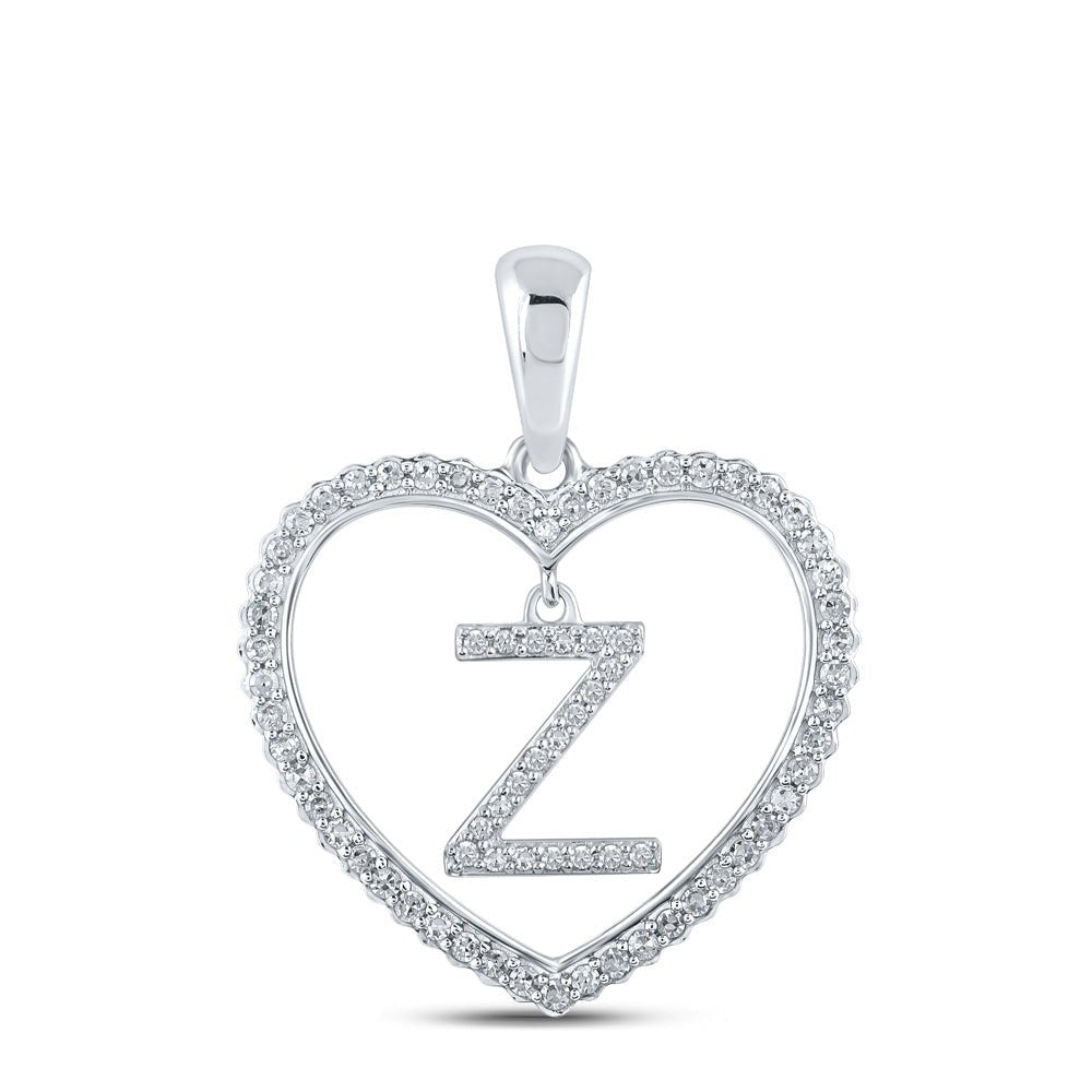 Diamond Initial & Letter Pendant | 10kt White Gold Womens Round Diamond Heart Z Letter Pendant 1/4 Cttw | Splendid Jewellery GND