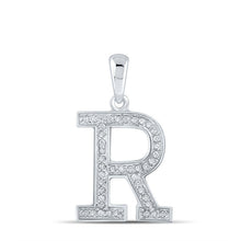 Load image into Gallery viewer, Radiant Reflections: 10kt White Gold Diamond Initial Pendant Top view from the 10Kt White Gold Womens Round Diamond Initial R Letter Pendant 1 12 Cttwpin210630 collection by Splendid Jewellery