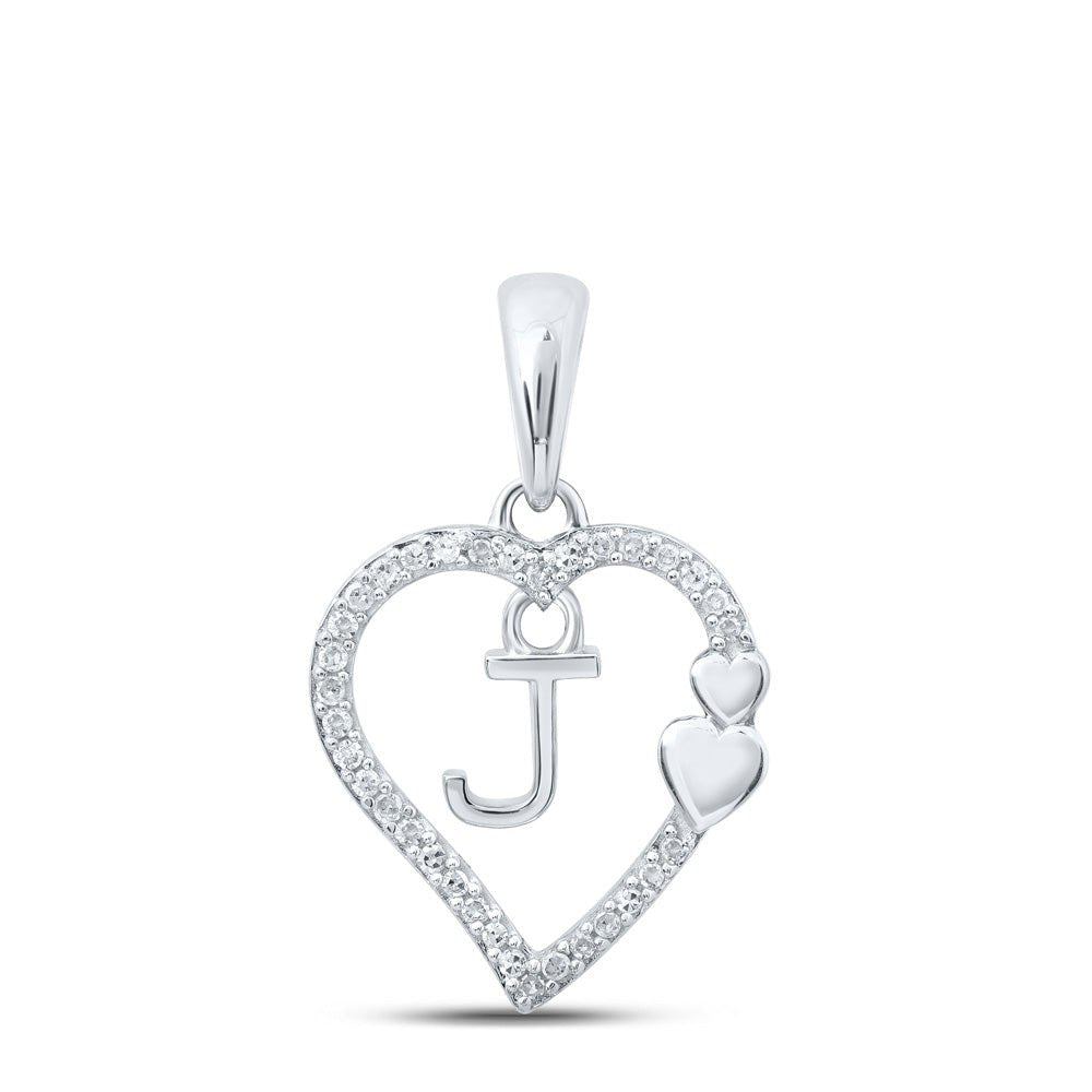 Diamond Initial & Letter Pendant | 10kt White Gold Womens Round Diamond J Heart Letter Pendant 1/10 Cttw | Splendid Jewellery GND
